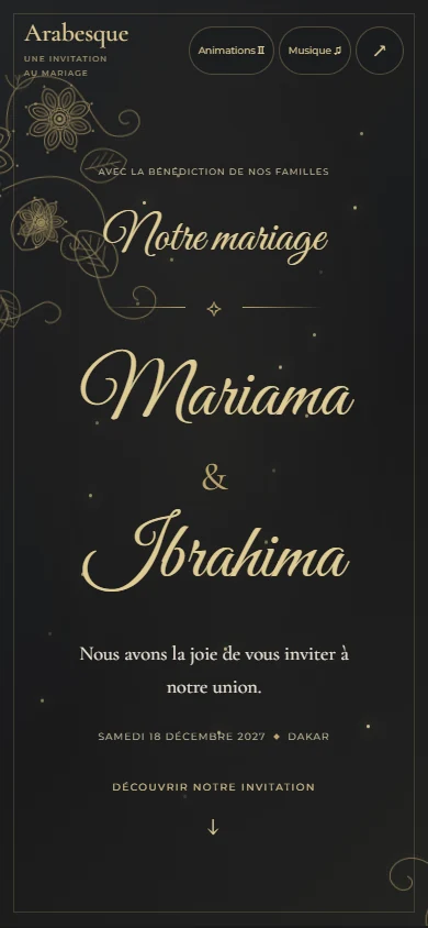 Arabesque, invitation de mariage noire et or avec ornements floraux