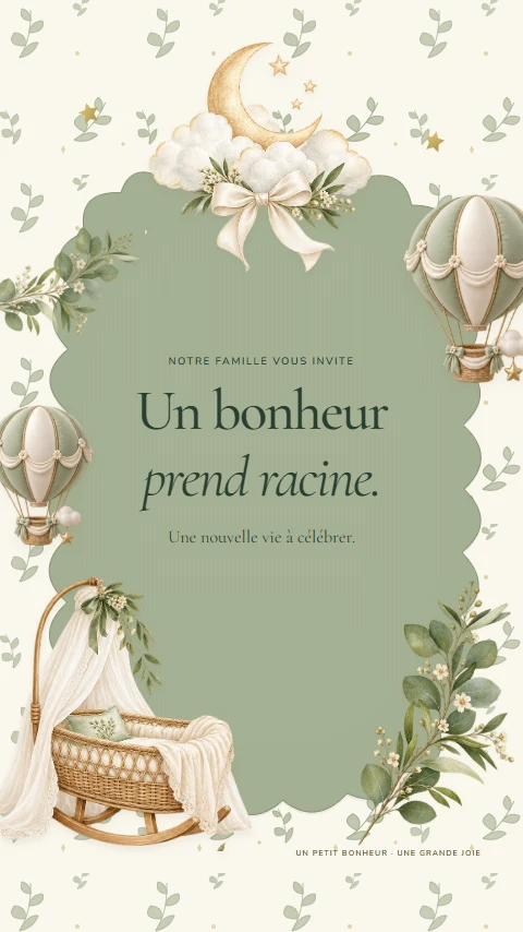 Brin de Vie, invitation de baptême ivoire et sauge au berceau en rotin
