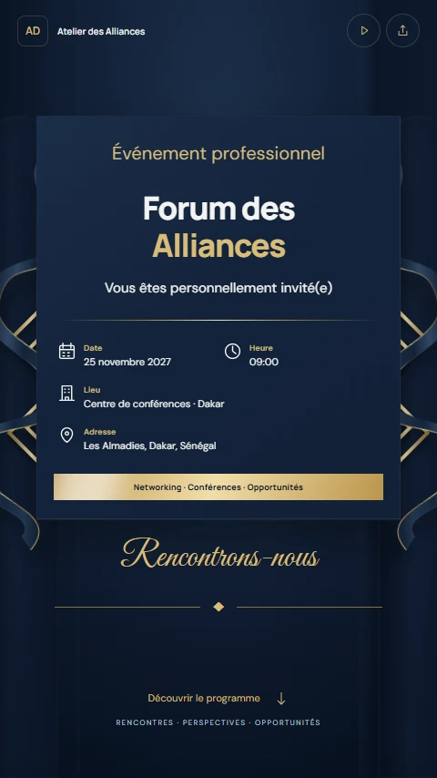 Éminence, invitation professionnelle marine et or avec rubans en relief