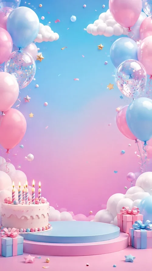 Féerie d’Anniversaire : ballons pastel, gâteau, bougies et cadeaux