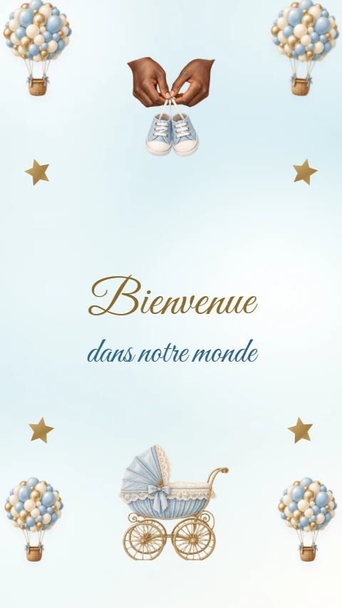Petit Ciel, invitation de baptême aux montgolfières bleues et étoiles dorées