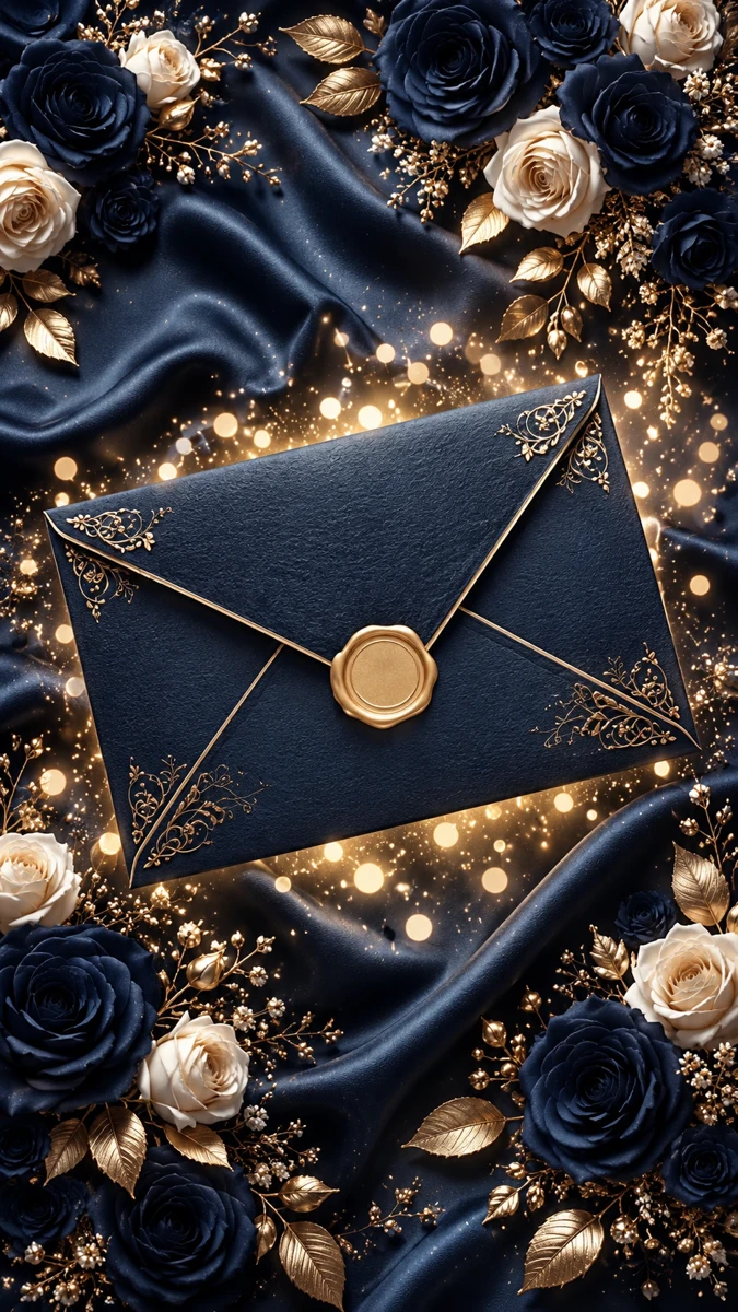 Écrin Saphir, mariage bleu nuit et or, enveloppe scellée et roses