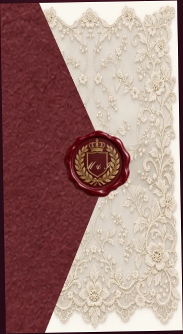 Soie et Velours, invitation bordeaux et dentelle, sceau et rubans de satin