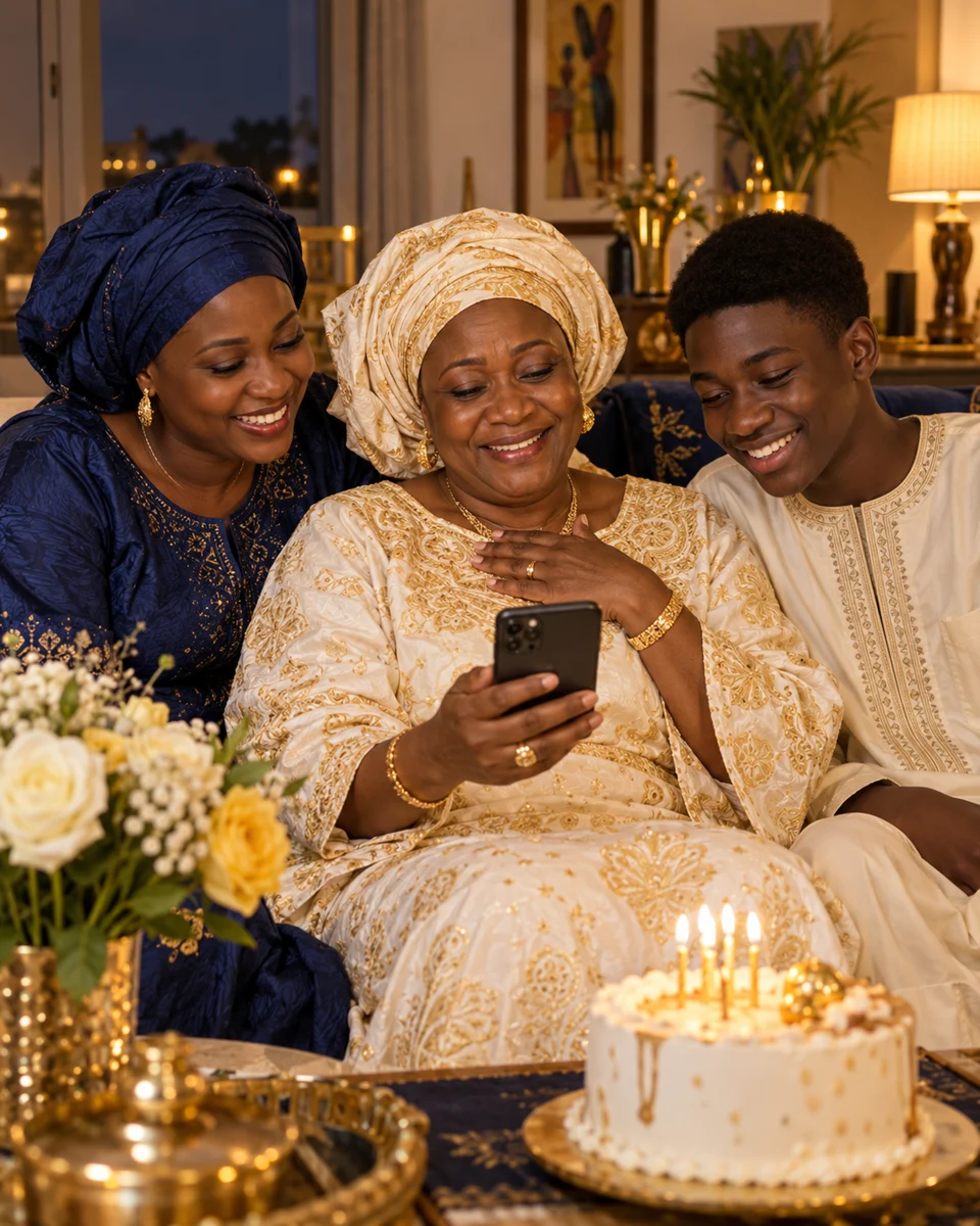 Pour son anniversaire, une grand-mère sénégalaise écoute les messages de ses proches avec sa famille